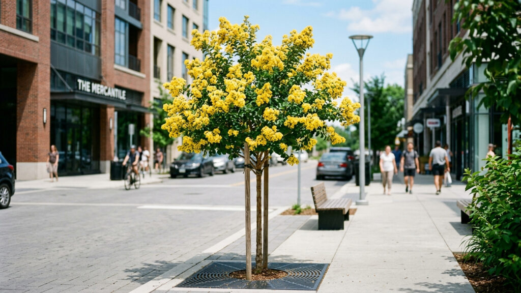 Essa árvore de pequeno porte é perfeita para calçadas estreitas: ela não racha o piso da calçada, não tem espinhos e dá flores amarelas lindas