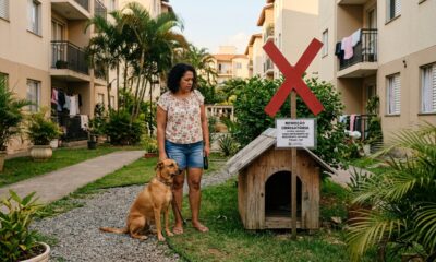 Moradora instala uma casinha para o cachorro na área comum do condomínio para ele tomar ar, mas o uso do espaço coletivo acaba iniciando briga na assembleia e ordem de retirada