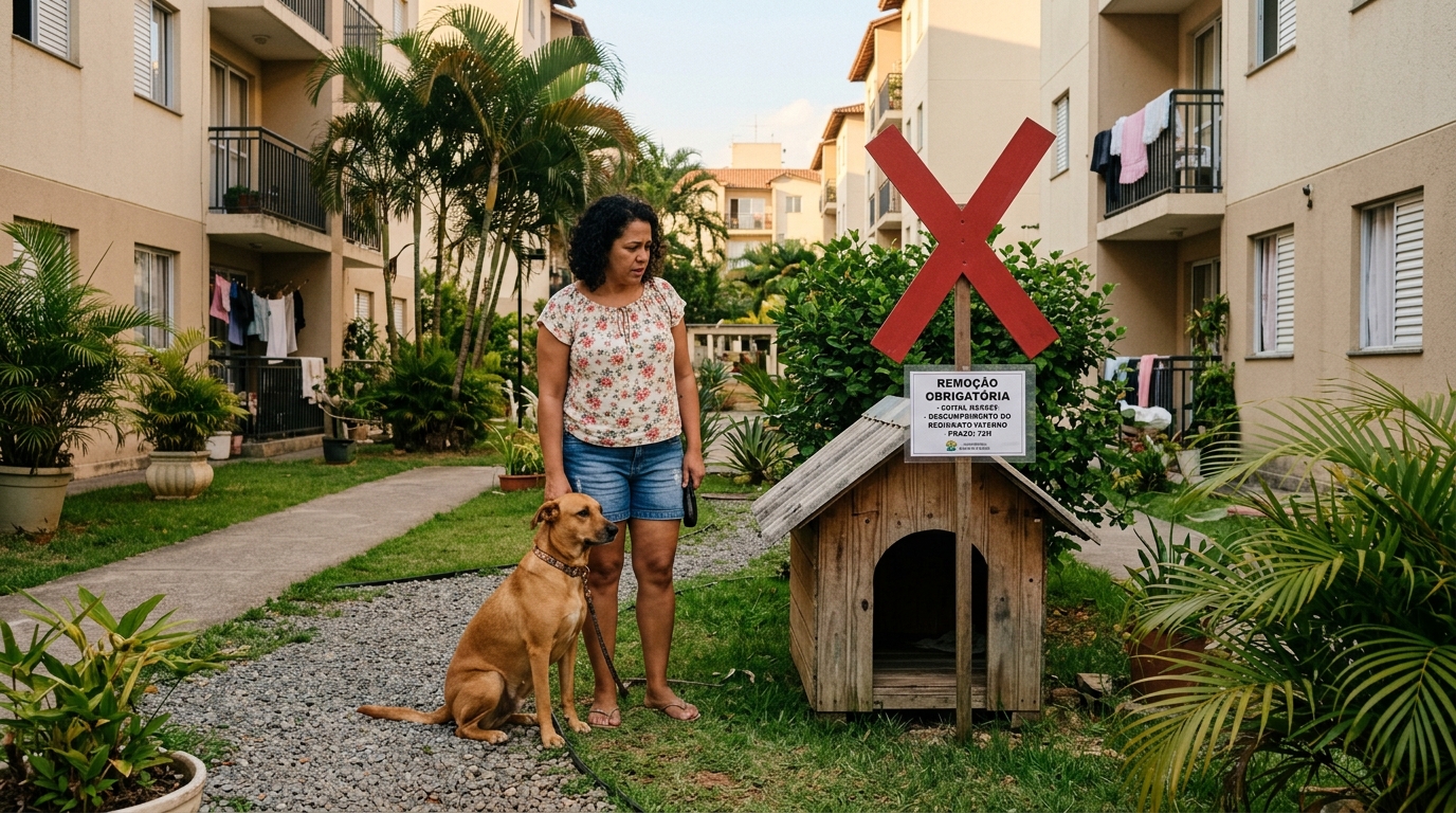 Moradora instala uma casinha para o cachorro na área comum do condomínio para ele tomar ar, mas o uso do espaço coletivo acaba iniciando briga na assembleia e ordem de retirada