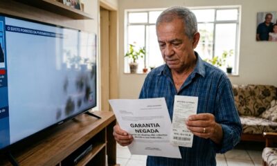 Aposentado compra TV de 65 polegadas de R$ 4.100 em promoção relâmpago, com 10 dias aparecem manchas escuras no canto da tela, assistência alega que é dano físico e fabricante nega cobertura da garantia