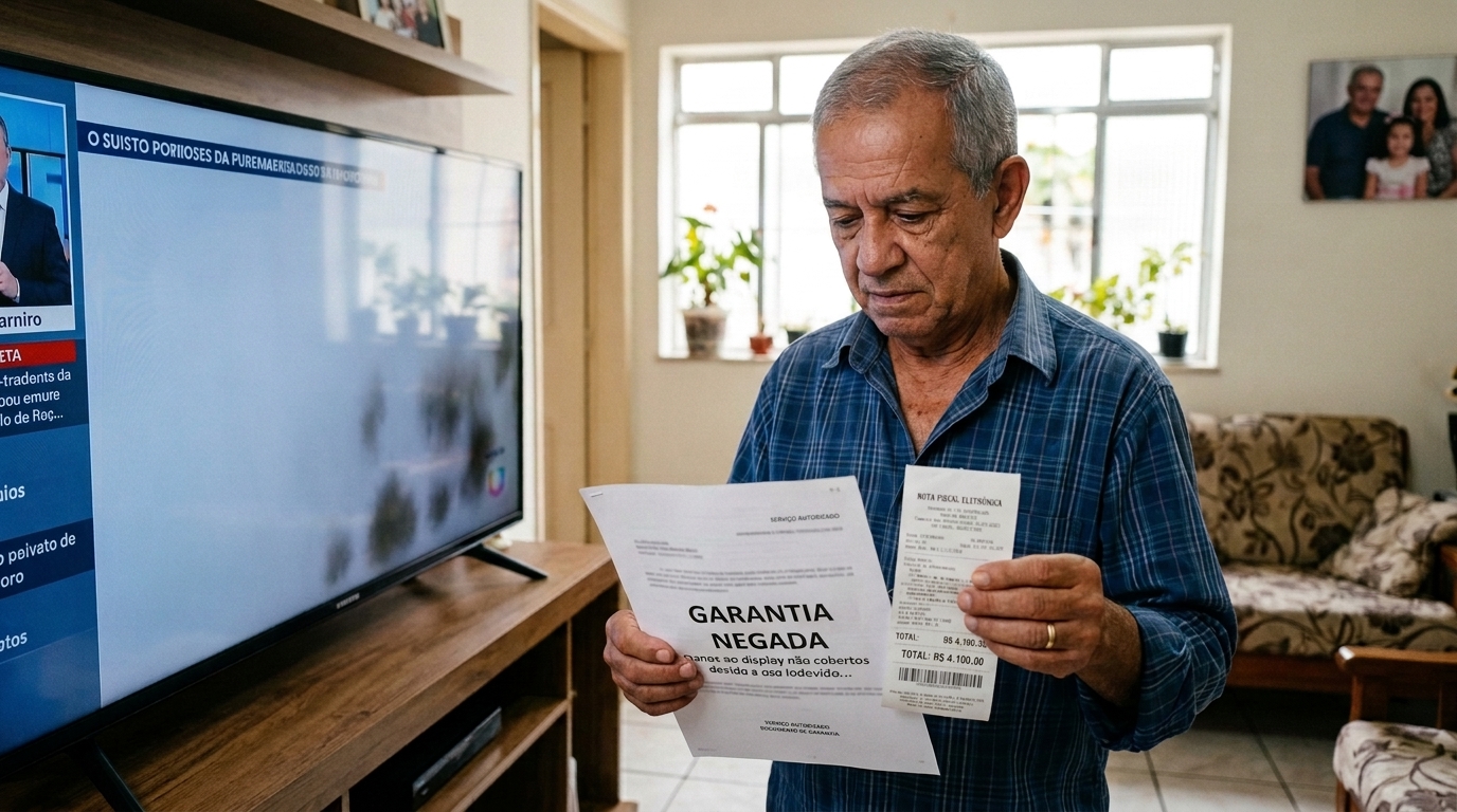 Aposentado compra TV de 65 polegadas de R$ 4.100 em promoção relâmpago, com 10 dias aparecem manchas escuras no canto da tela, assistência alega que é dano físico e fabricante nega cobertura da garantia