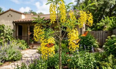 Essa árvore de pequeno porte dá flores amarelas perfumadas e atrai dezenas de borboletas para o jardim de casa nos dias frios de inverno