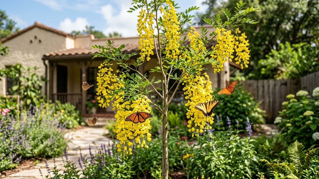 Essa árvore de pequeno porte dá flores amarelas perfumadas e atrai dezenas de borboletas para o jardim de casa nos dias frios de inverno