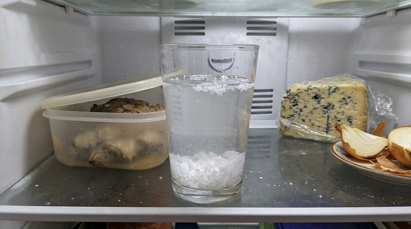 Coloque um copo de água com sal grosso no canto da geladeira e veja o que acontece com o cheiro depois de 24 horas