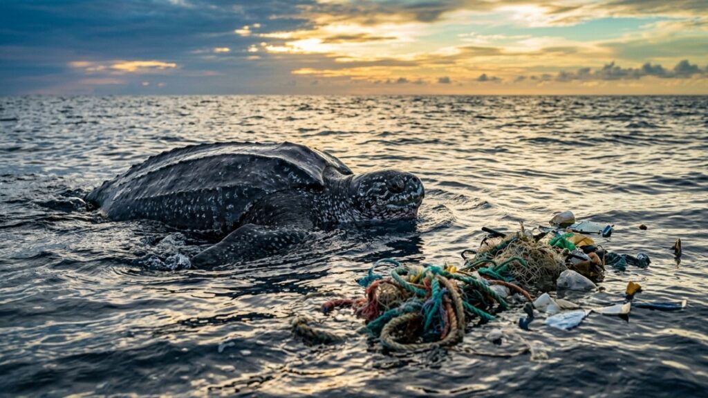 Tartaruga-gigante de 248 quilos é encontrada com uma rede de pesca de 8 metros presa no esôfago, e resgate revela o impacto do lixo no oceano