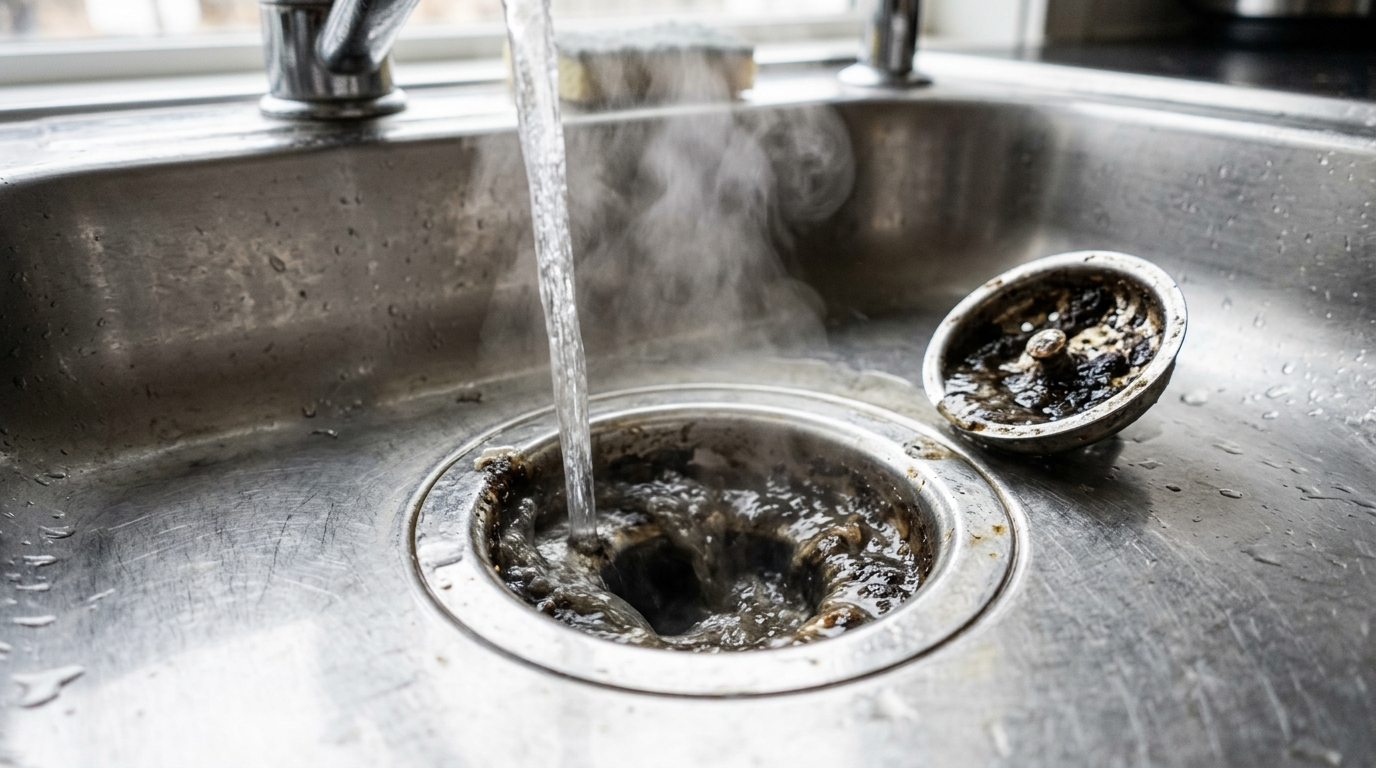 Encanador explica como a combinação de água quente e limpeza do sifão elimina o mau cheiro persistente dos ralos da cozinha e do banheiro