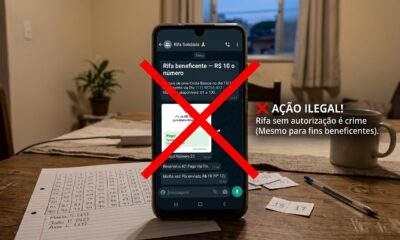 Mulher organiza uma rifa de R$ 10 para ajudar a pagar o tratamento de um vizinho e vende mais de 300 números pelo WhatsApp, até descobrir que rifa sem autorização é considerada contravenção penal, mesmo feita por boa causa