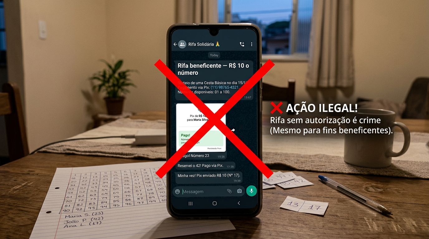Mulher organiza uma rifa de R$ 10 para ajudar a pagar o tratamento de um vizinho e vende mais de 300 números pelo WhatsApp, até descobrir que rifa sem autorização é considerada contravenção penal, mesmo feita por boa causa