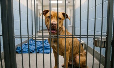 Ex-cão de isca que sonha com uma família sorri para todos que passam por seu canil