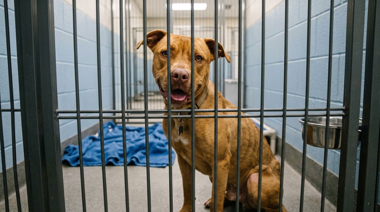 Ex-cão de isca que sonha com uma família sorri para todos que passam por seu canil