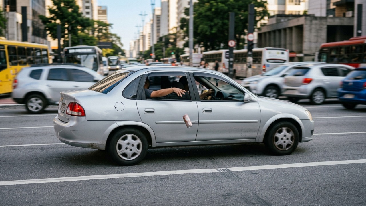 Passageiro joga uma lata de refrigerante pela janela do carro em movimento, motorista é responsabilizado e a atitude termina com multa de R$ 130 e 4 pontos na habilitação