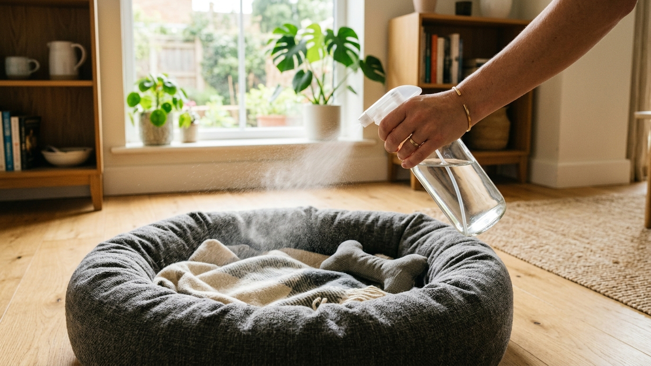 Mistura de vinagre de maçã com água purificada: para que serve o spray de higienizar a cama do pet para eliminar odores e afastar pulgas