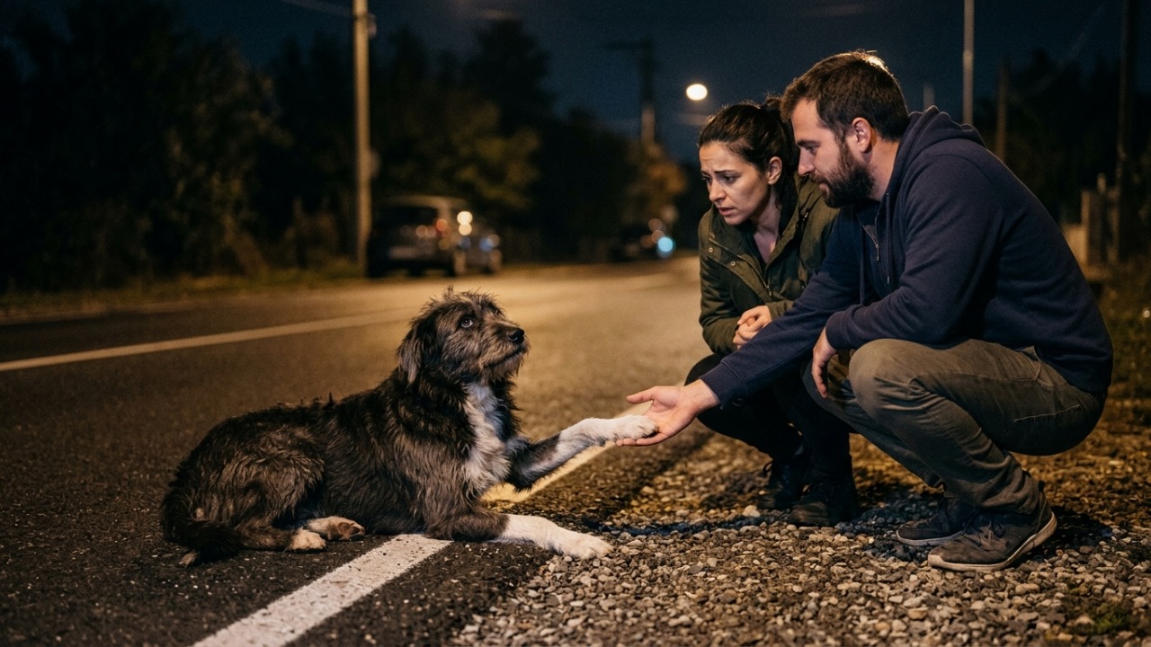 Cachorro de rua oferece a pata repetidamente a um casal na beira da estrada e eles descobrem que o gesto escondia um pedido urgente de ajuda
