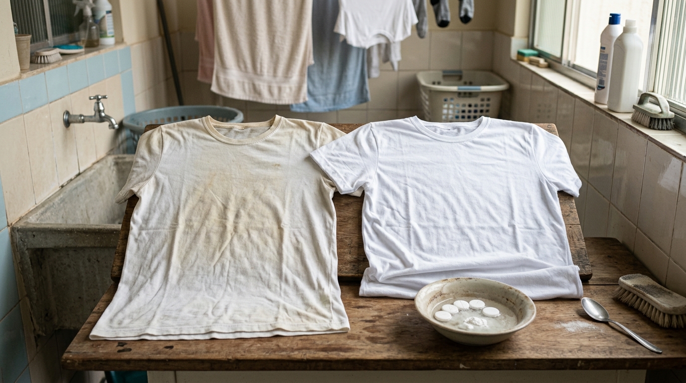 As camisas brancas amareladas e os mapas manchados de suor são coisa do passado: adicione um comprimido do armário de remédios de casa à lavagem de roupa
