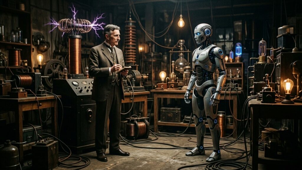 Frase de Nikola Tesla sobre o futuro: “No século 21, o robô ocupará o lugar do trabalho escravo.” A reflexão sobre tecnologia e humanidade
