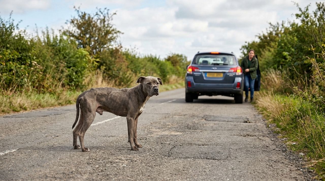 Pitbull faminto estava tão fraco que não conseguia sair do meio da estrada até ser finalmente resgatado
