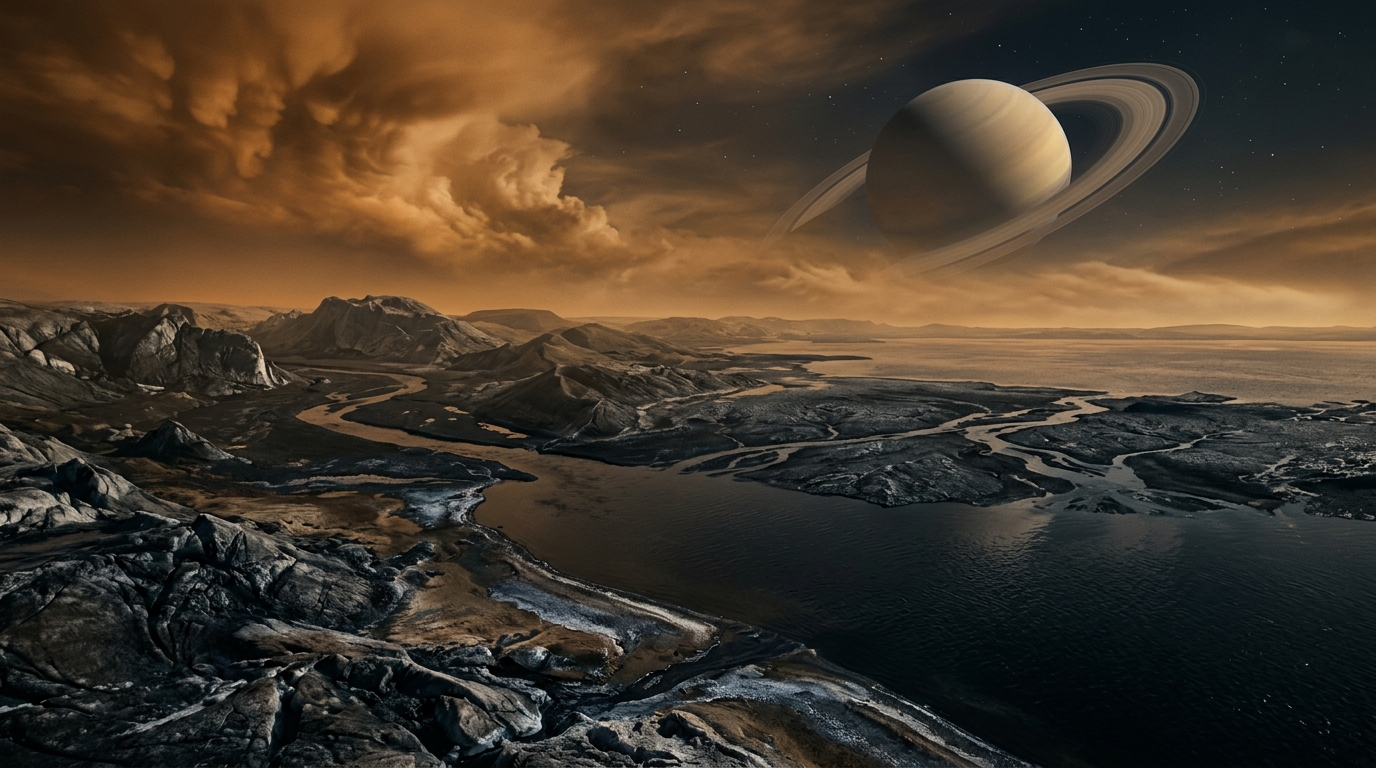 Titã, a maior lua de Saturno, possui rios, lagos e um ciclo hidrológico lento, assim como a Terra, mas cada gota é metano líquido e coberta por gelo