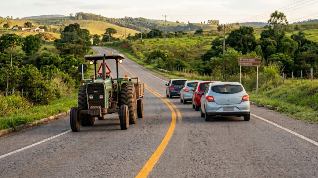 Motorista perde a paciência com trator lento e cruza a faixa contínua para ultrapassar, mas a manobra pode gerar multa de R$ 1.467,35 e 7 pontos na CNH