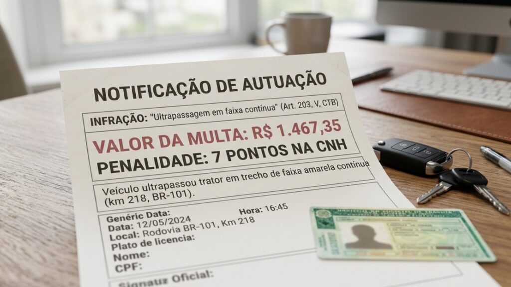 Motorista perde a paciência com trator lento e cruza a faixa contínua para ultrapassar, mas a manobra pode gerar multa de R$ 1.467,35 e 7 pontos na CNH