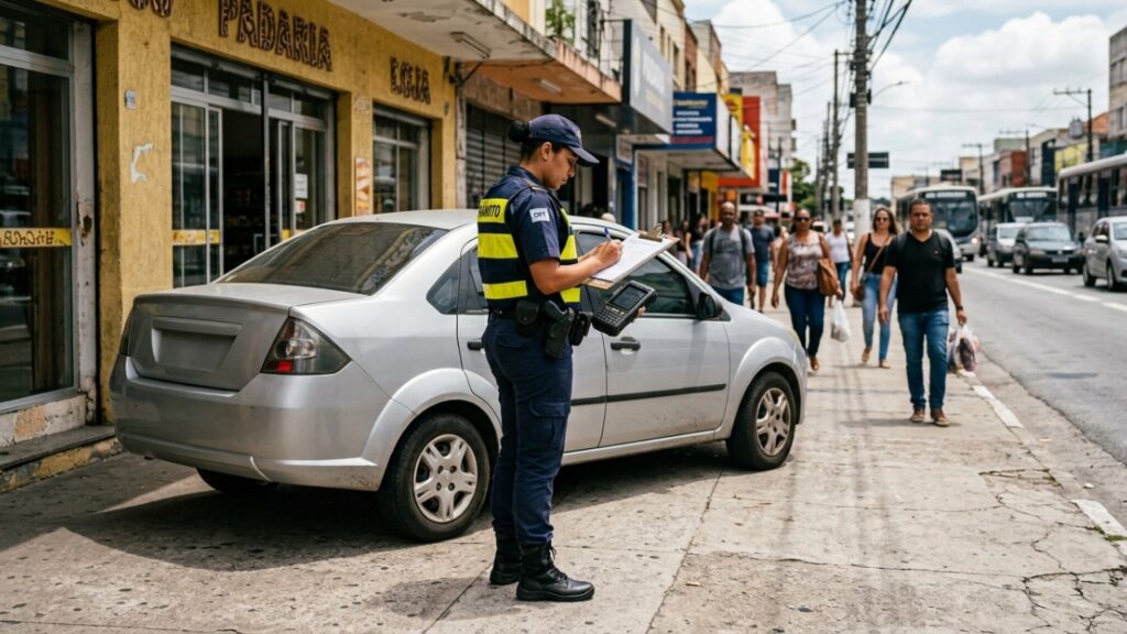 Motorista estaciona sobre a calçada para resolver assunto rápido, bloqueia a passagem de pedestres e acaba com multa de R$ 195 e 5 pontos na carteira