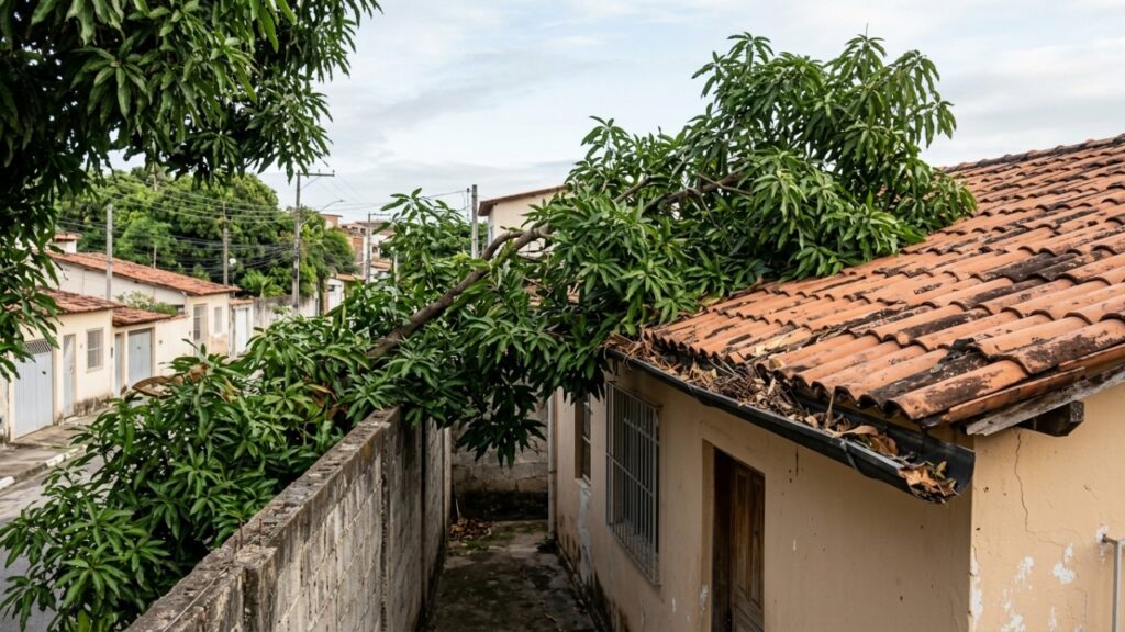 Moradora encontra galhos da árvore do vizinho sobre o telhado, decide podar tudo e acaba iniciando uma discussão sobre os limites do terreno