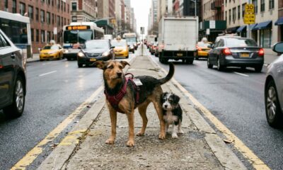 Cães irmãos perdidos se abraçam na estrada enquanto carros desviam deles