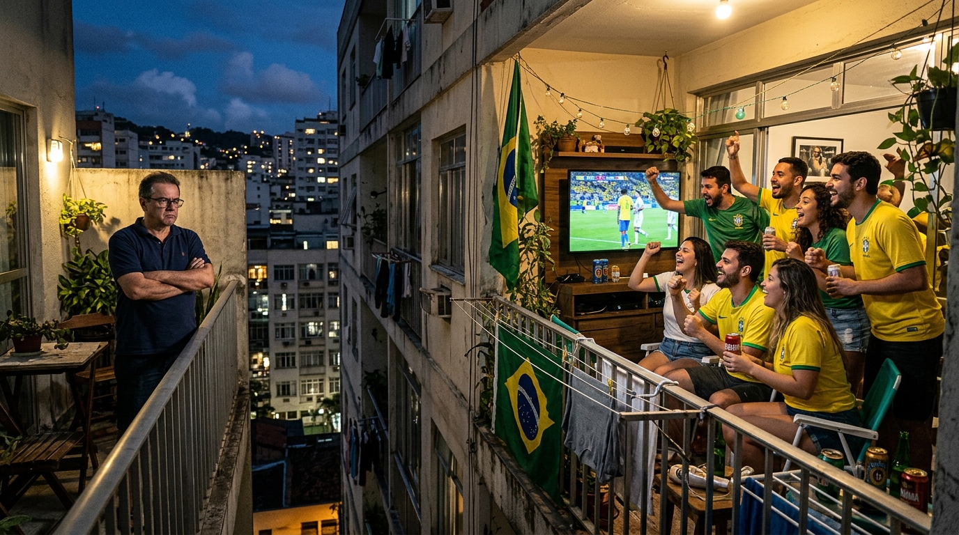 Morador convidou 27 pessoas para assistir ao jogo na varanda, transformando tudo em uma grande confusão entre os vizinhos
