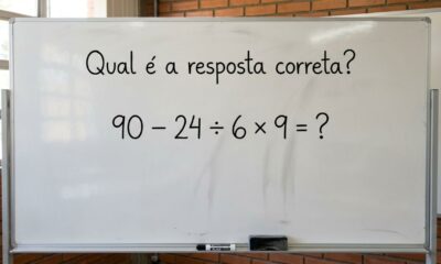 O cálculo 90 – 24 ÷ 6 × 9 parece fácil demais para ter uma pegadinha