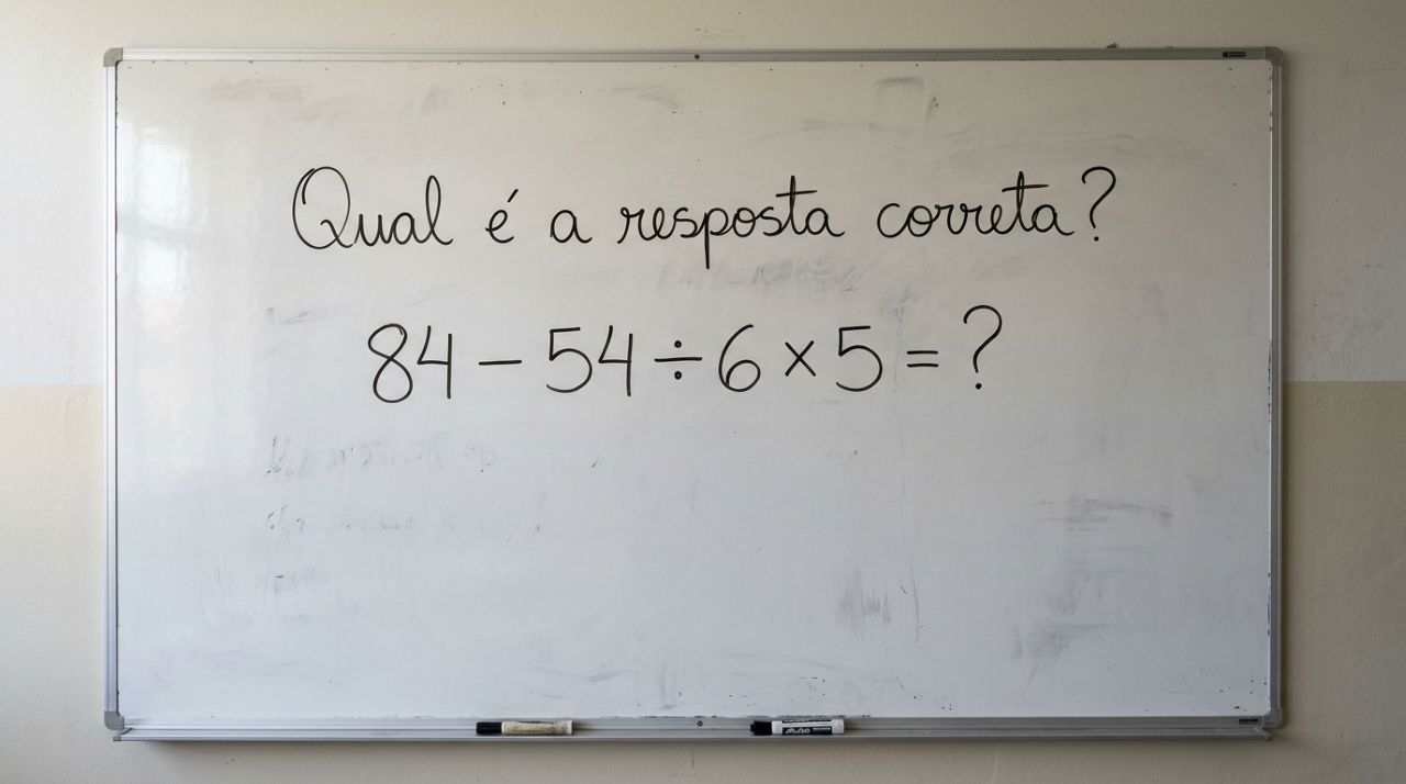 A expressão 84 – 54 ÷ 6 × 5 parece simples, mas confunde muita gente. Você resolve sem calculadora?