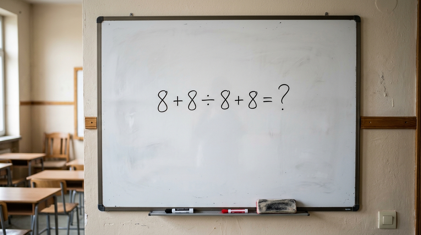 Você consegue descobrir o resultado de 8 + 8 ÷ 8 + 8 antes do tempo acabar?