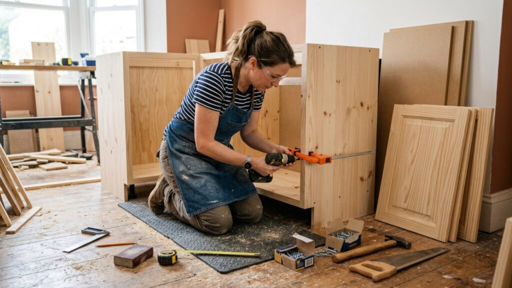 Ela usou madeira de pinus para construir um armário de cozinha completo com portas, gavetas e prateleiras, gastando pouco