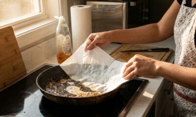 Coloque o papel toalha na frigideira e espere 15 minutos: o truque antigo para remover gordura sem esfregar