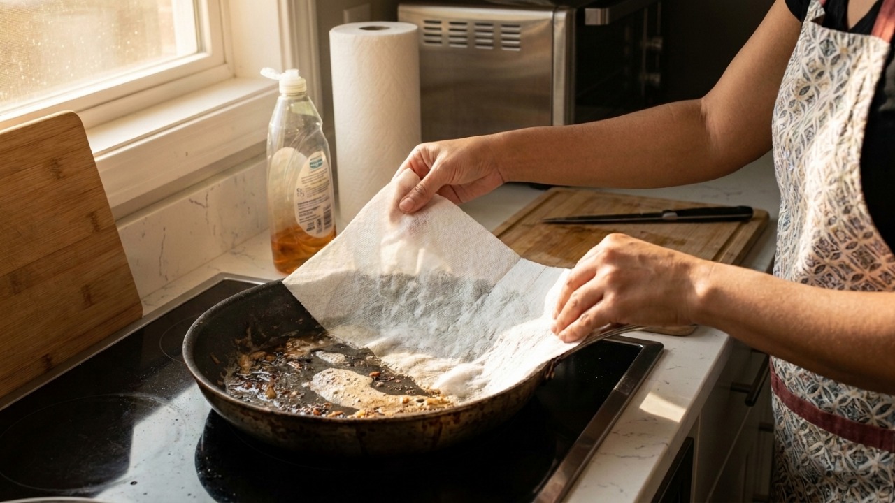 Coloque o papel toalha na frigideira e espere 15 minutos: o truque antigo para remover gordura sem esfregar