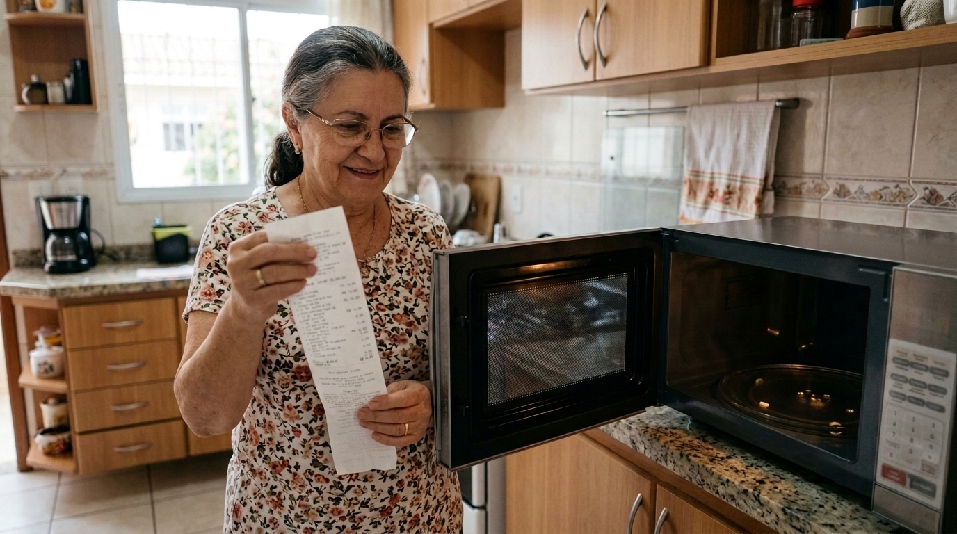 Aposentada compra micro-ondas de R$ 1.200 em 6 parcelas, no 7º dia o prato giratório trava e o aparelho faz barulho de estalo, assistência diz que "é normal nos primeiros usos" e nega a troca
