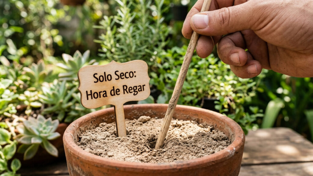 A regra de ouro da rega e como o truque simples do palito de madeira salva as suas plantas de morrerem afogadas em vasos