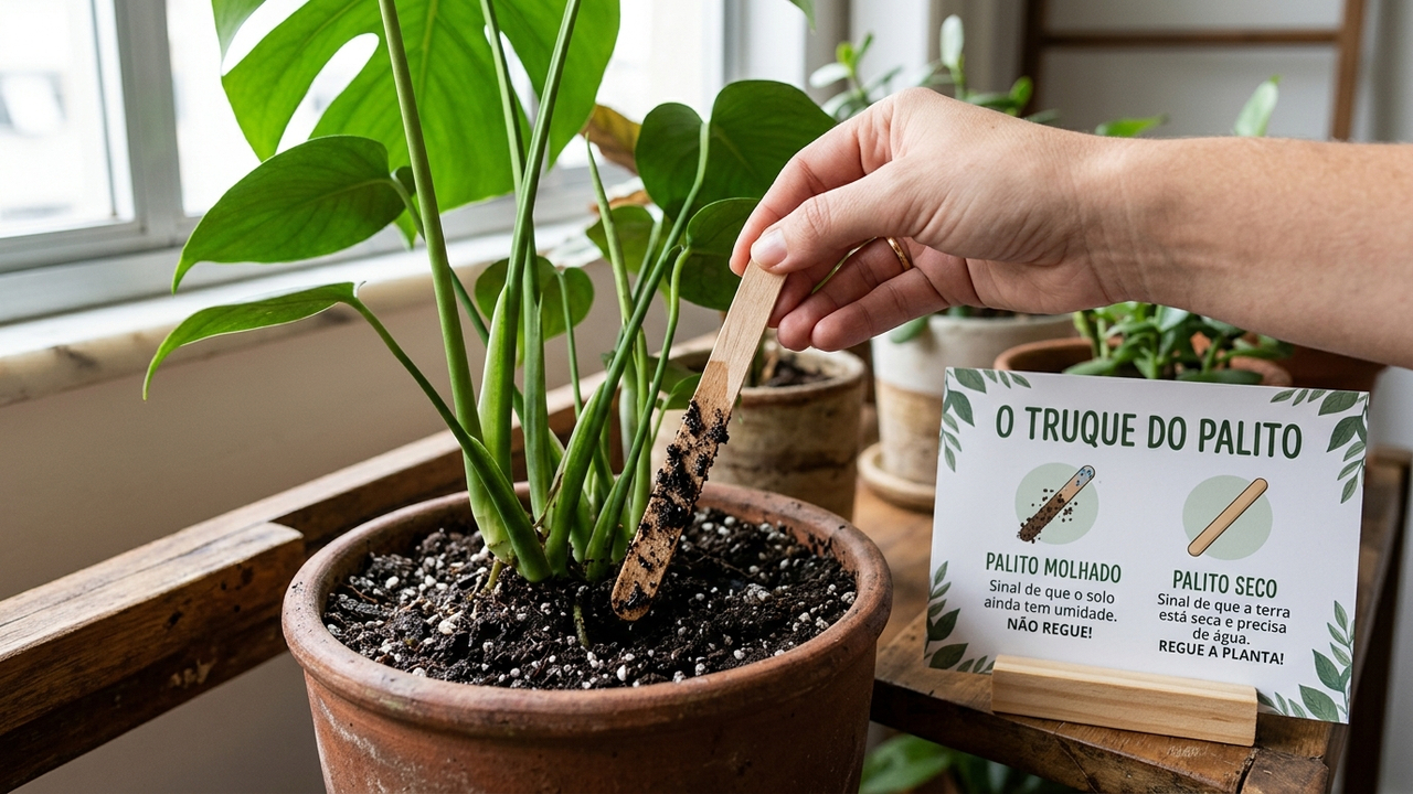 A regra de ouro da rega e como o truque simples do palito de madeira salva as suas plantas de morrerem afogadas em vasos