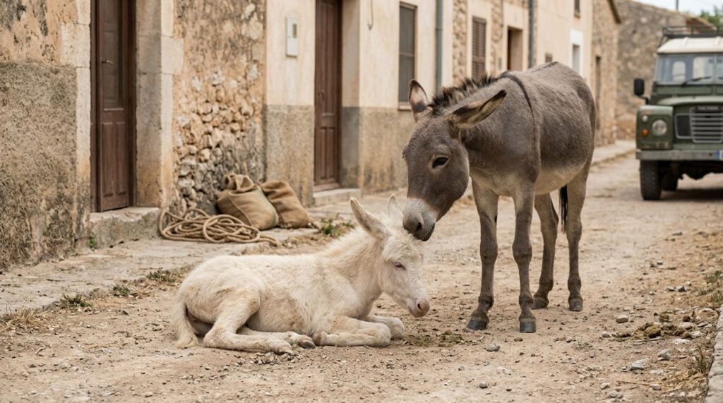 Burrinha abandonada para morrer agora vive feliz ao lado da mãe