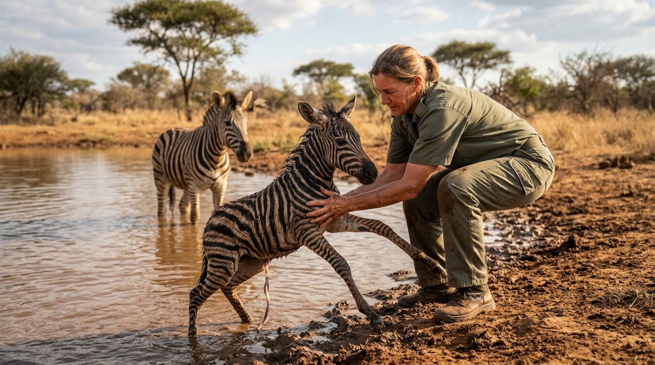Zebra recém-nascida luta para não se afogar em represa e pede ajuda a guarda-parque