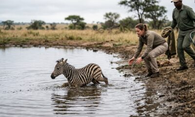 Filhote de zebra com poucos dias de vida cai em uma represa e, prestes a se afogar, estende as patas aos socorristas, protagonizando um resgate emocionante
