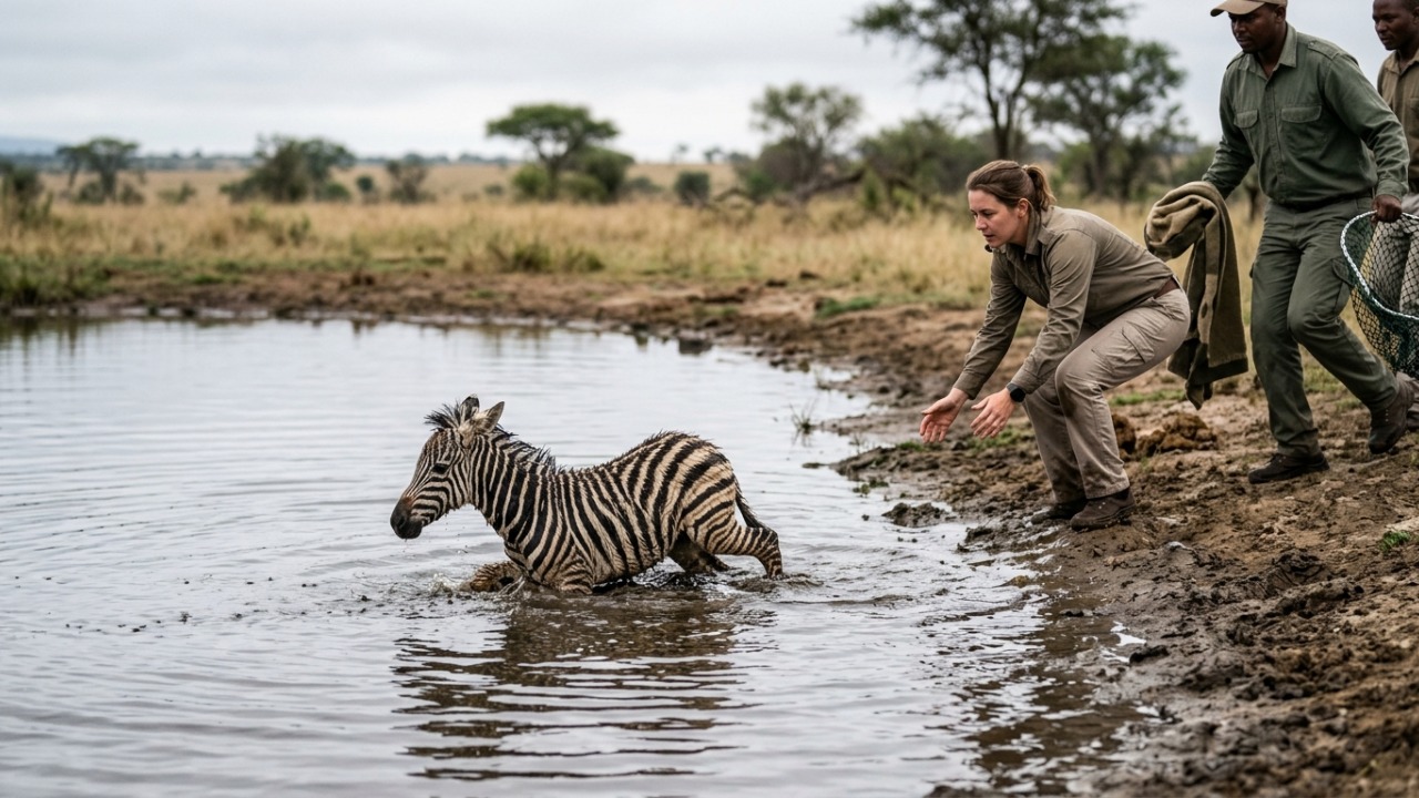 Filhote de zebra com poucos dias de vida cai em uma represa e, prestes a se afogar, estende as patas aos socorristas, protagonizando um resgate emocionante