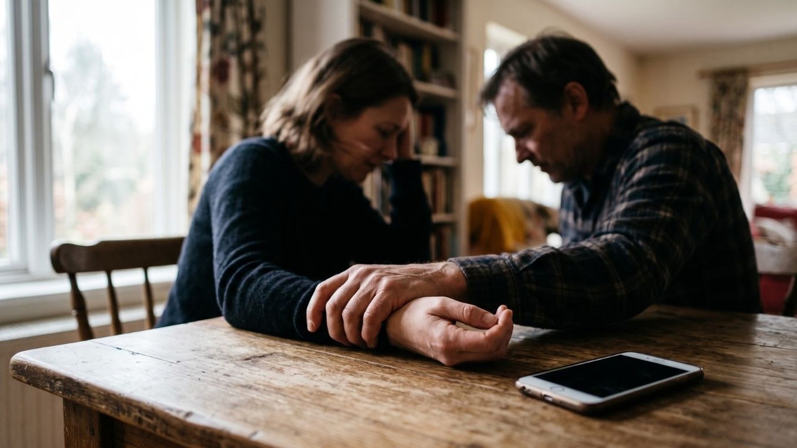 Um casal deprimido de cabeça baixa sentado à mesa de madeira com um smartphone e as mãos dadas.
