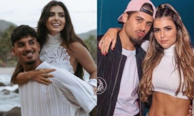 Duas imagens de casais. Homem carrega mulher na praia. Outro casal posa