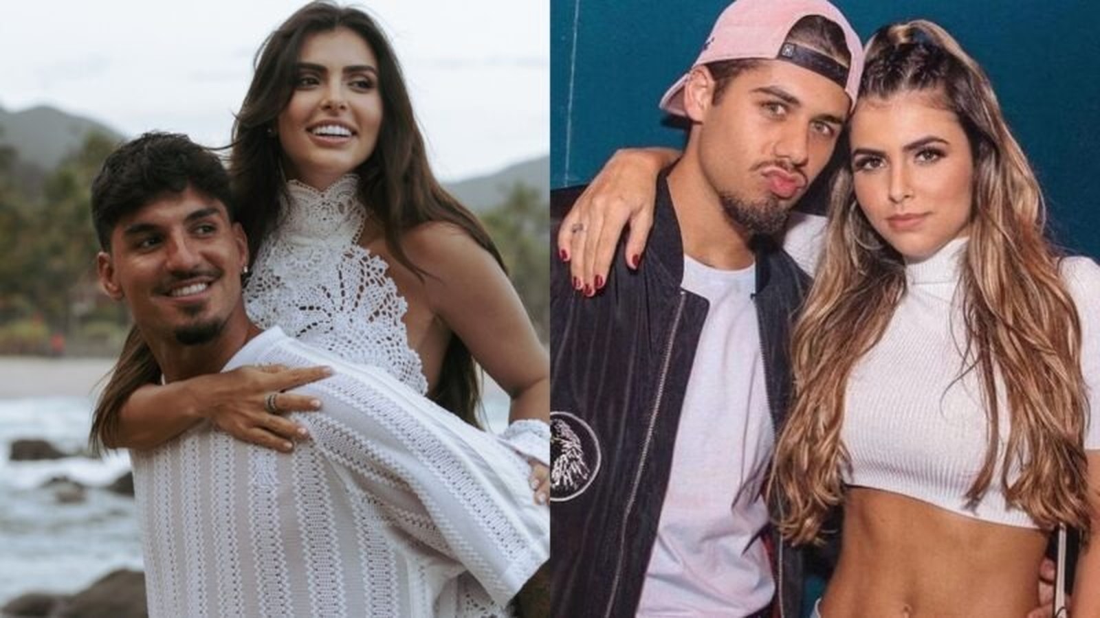 Duas imagens de casais. Homem carrega mulher na praia. Outro casal posa