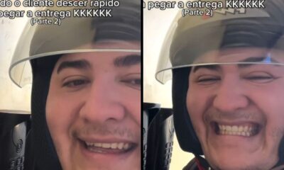Homem de capacete em tela dividida, sorrindo e rindo com texto sobre entrega rápida