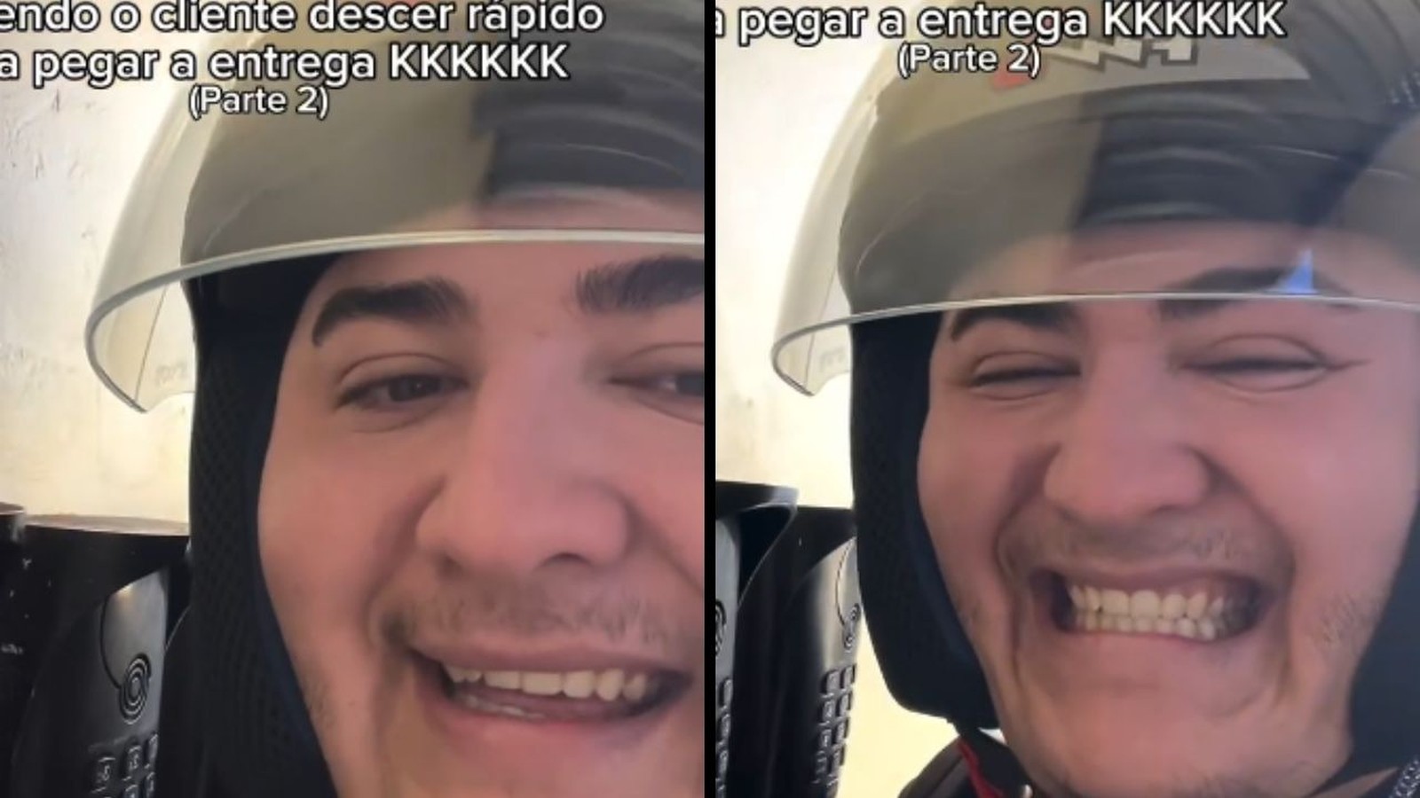 Homem de capacete em tela dividida, sorrindo e rindo com texto sobre entrega rápida