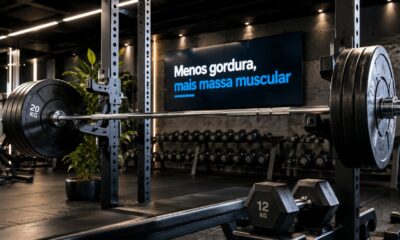 Academia moderna com barra carregada no suporte, halter ao lado e painel digital escrito “Menos gordura, mais massa muscular