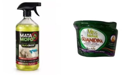 Garrafa amarela de Mata Mofo Eurodecor e embalagem verde de Miss Hidrat Guanidina