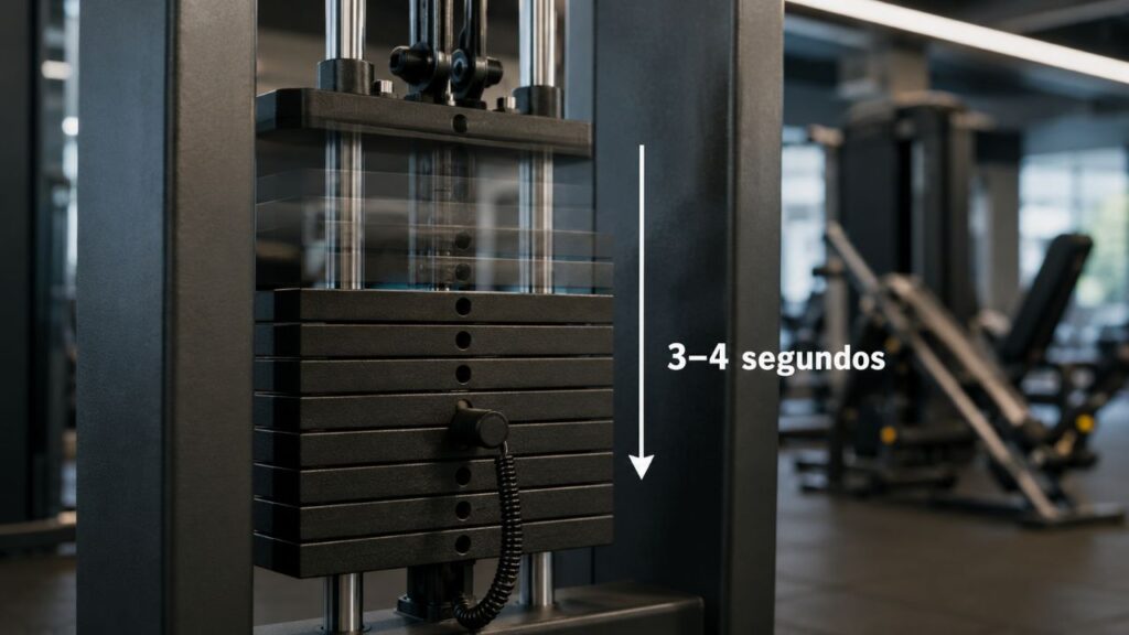 Close de uma máquina de musculação com pilha de pesos em movimento descendente, seta indicando a trajetória e texto “3–4 segundos” ao lado, em uma academia moderna.