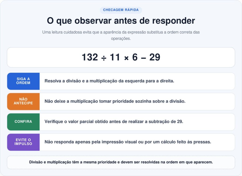 Você consegue resolver 132 ÷ 11 × 6 − 29 mentalmente?