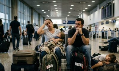 Família exausta com bebê no colo e criança dormindo em mala, em aeroporto lotado
